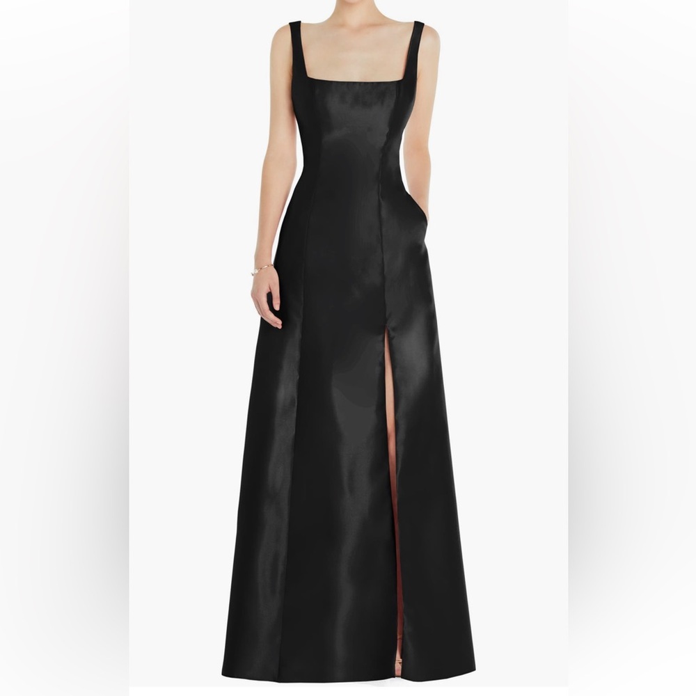 Alfred Sung Square Neck Satin A-Line Gown in black size 16